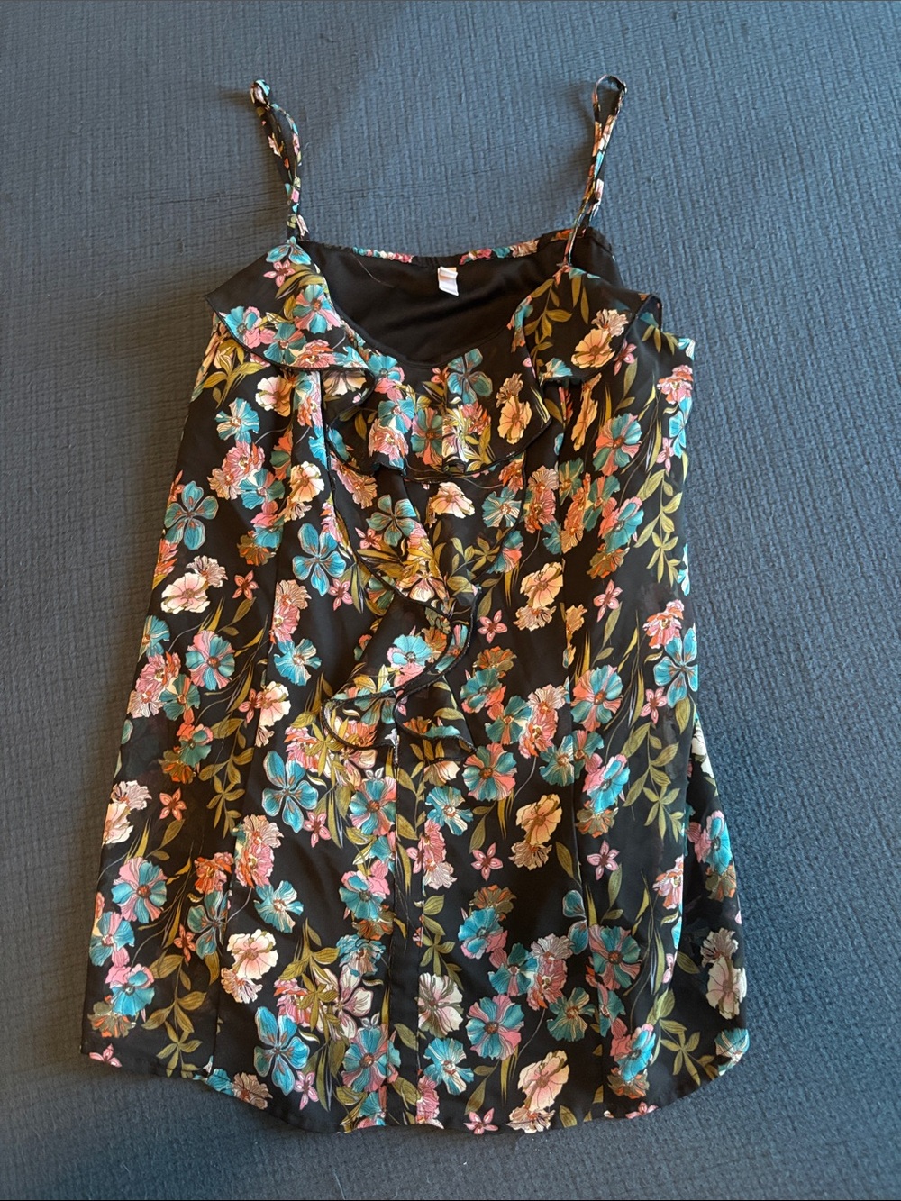 Xhilaration Black Floral Ruffle Cami with Teal & Pink Flowers